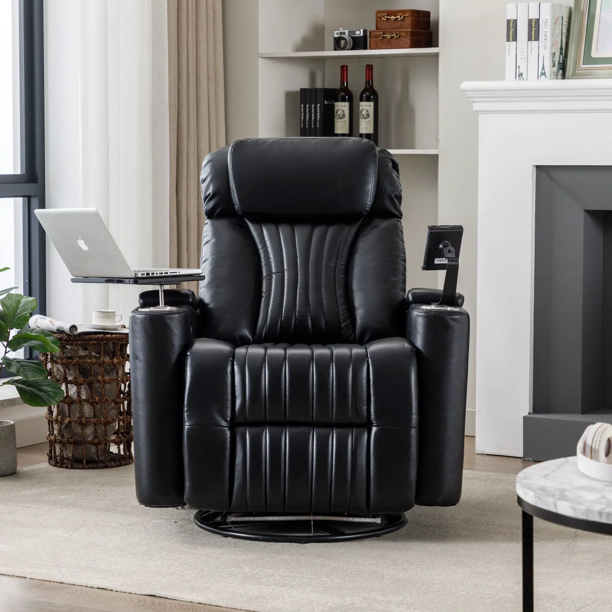 270° Power Swivel Recliner Home Theater Chair With Hidden Arm Storage, LED Light, Cup Holder, And Tray Table by HouseOfZazla