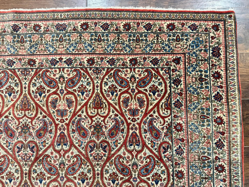 Unique Persian Qum Rug 5x7, Repeated Paisely Boteh Design, Ivory Red Blue, Handmade Antique Wool Persian Carpet, Finely Hand Knotted by Jewel Rugs