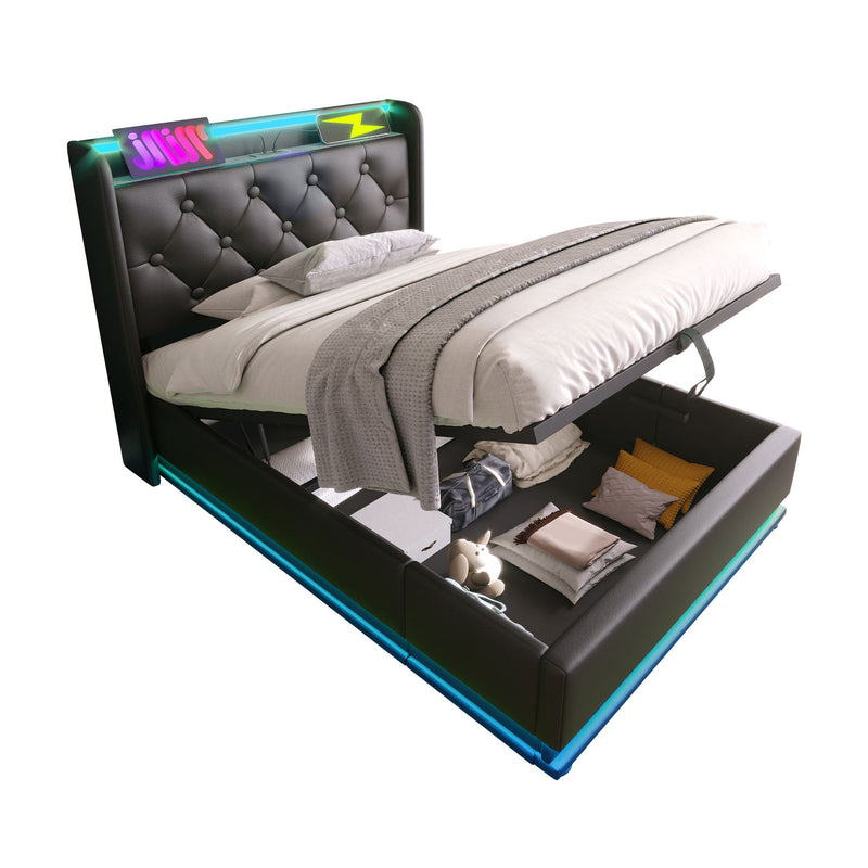 Upholstered Bed, 360 Surround LED Function, Remote Control, Hydraulic Storage Bed With USB, Type-C Charging (Without Mattress) by HouseOfZazla