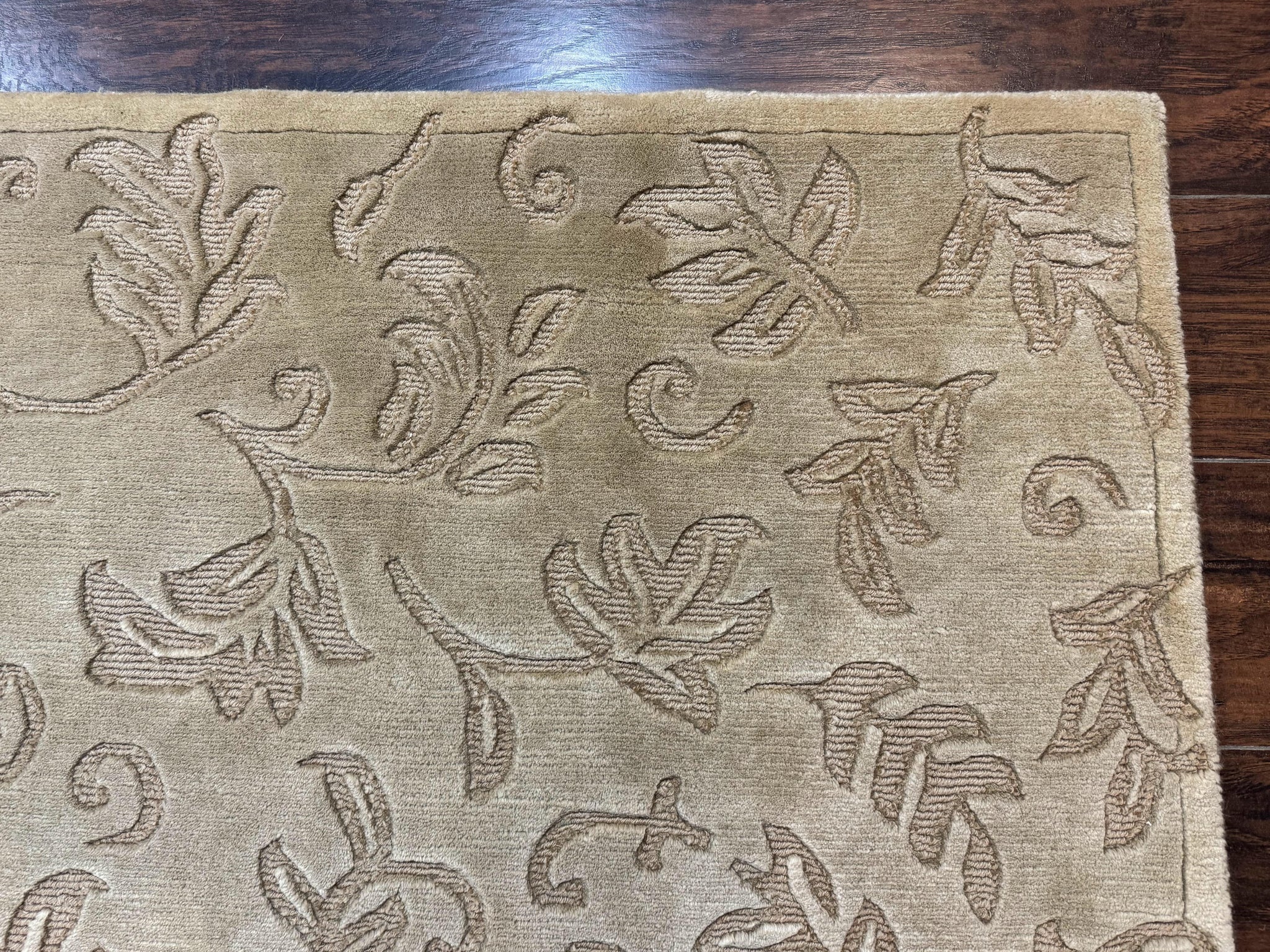 Modern Tibetan Rug 3.7 x 5.5, Carved Floral Design, Wool and Silk Highlights by Jewel Rugs