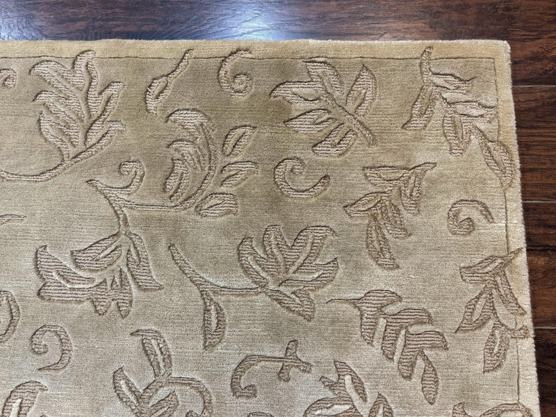 Modern Tibetan Rug 3.7 x 5.5, Carved Floral Design, Wool and Silk Highlights by Jewel Rugs