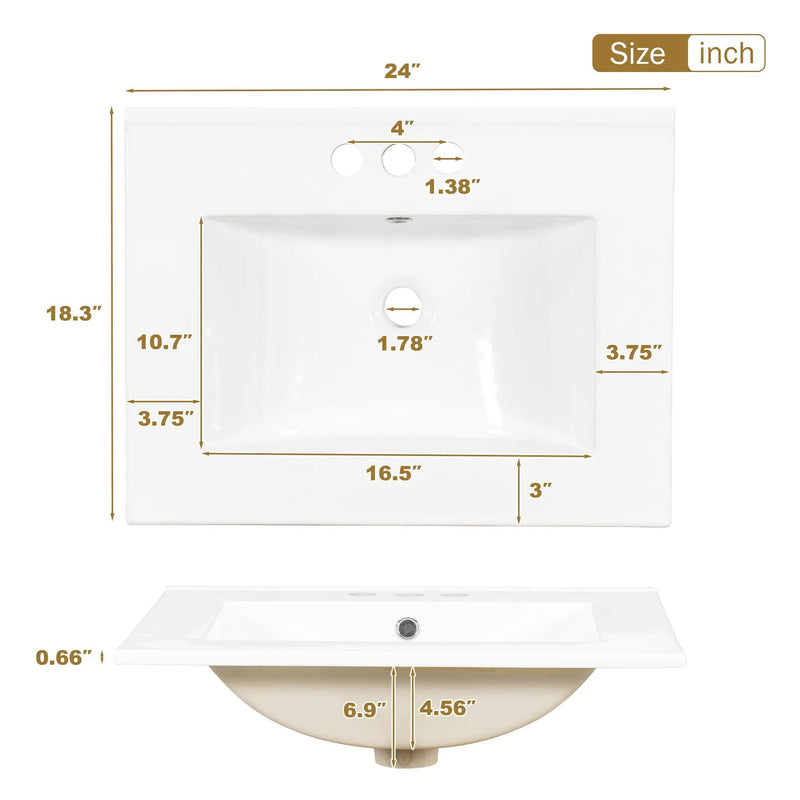 24.8" Bathroom Vanity with Ceramic Sink, Modern Freestanding Cabinet by HouseOfZazla