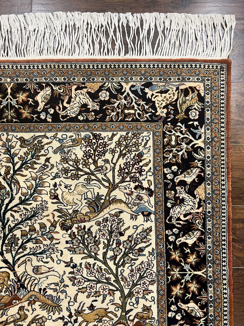 Persian Qum Tree of Life Rug 5x7, Wool and Silk Highlights, Animal Motifs, Vintage Hand Knotted Handmade Cream & Black Fine Oriental Carpet by Jewel Rugs