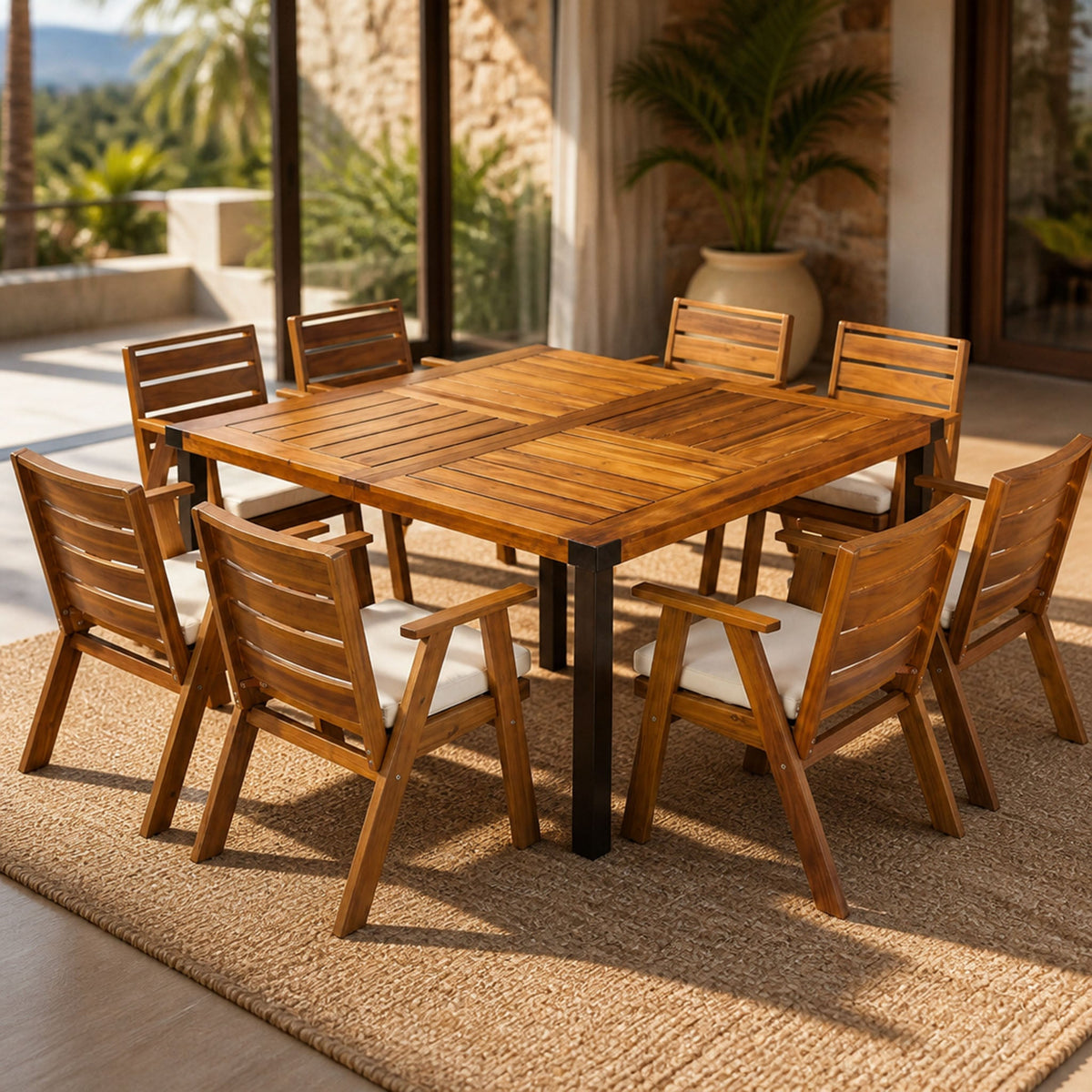 9‑Piece Acacia Wood Outdoor Dining Set, 64" Square Teak Finish Wooden Table & 8 Arm Chairs with, photo 2 of 10