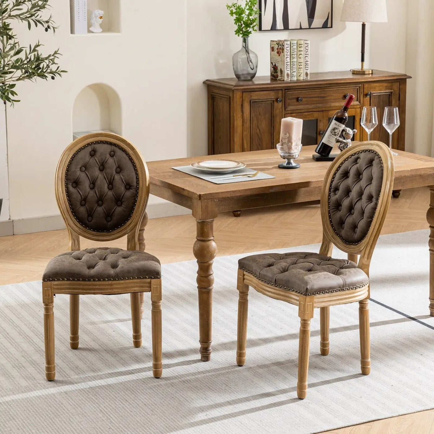 French Style Solid Wood Frame Antique Painting, Hand-Pulled Buckle Decoration Artificial Dining Chair With Nailhead Trim, Wood Legs by HouseOfZazla