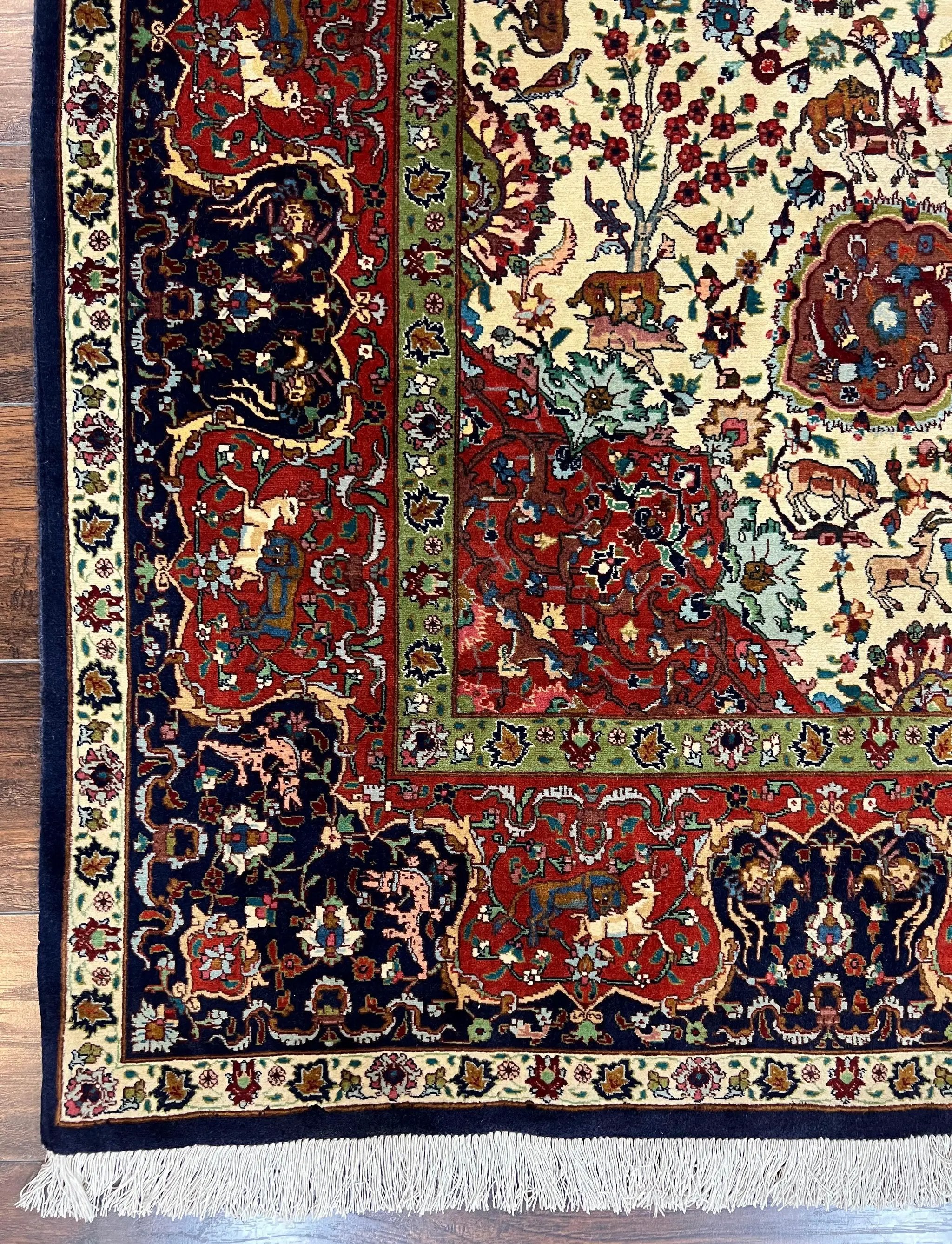 Wonderful Sino Persian Rug 6x10 with Animal Pictorial Motifs, Cream Dark Red Navy Blue, Birds Gazelles, Two Medallions, Top Quality Handmade by Jewel Rugs