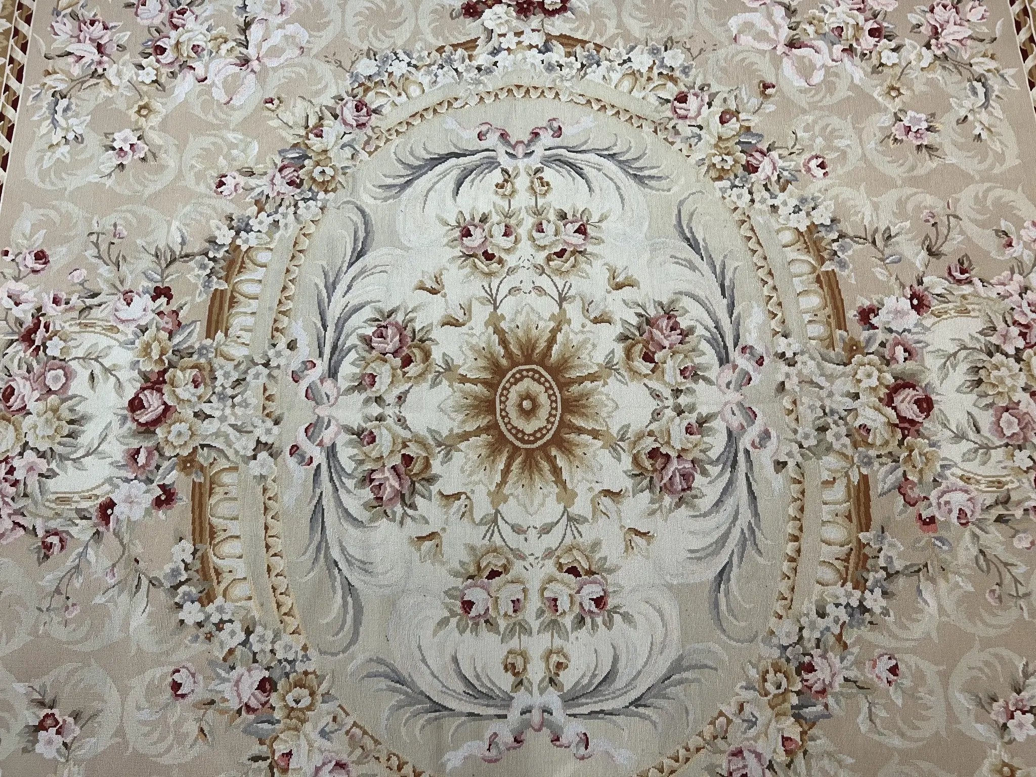 Aubusson Rug 9x12, Elegant Savonnerie Carpet 9 x 12 ft, Beige Ivory Tan, Floral, Flatweave Wool Handmade Area Rug 9 x 12 ft, European French by Jewel Rugs