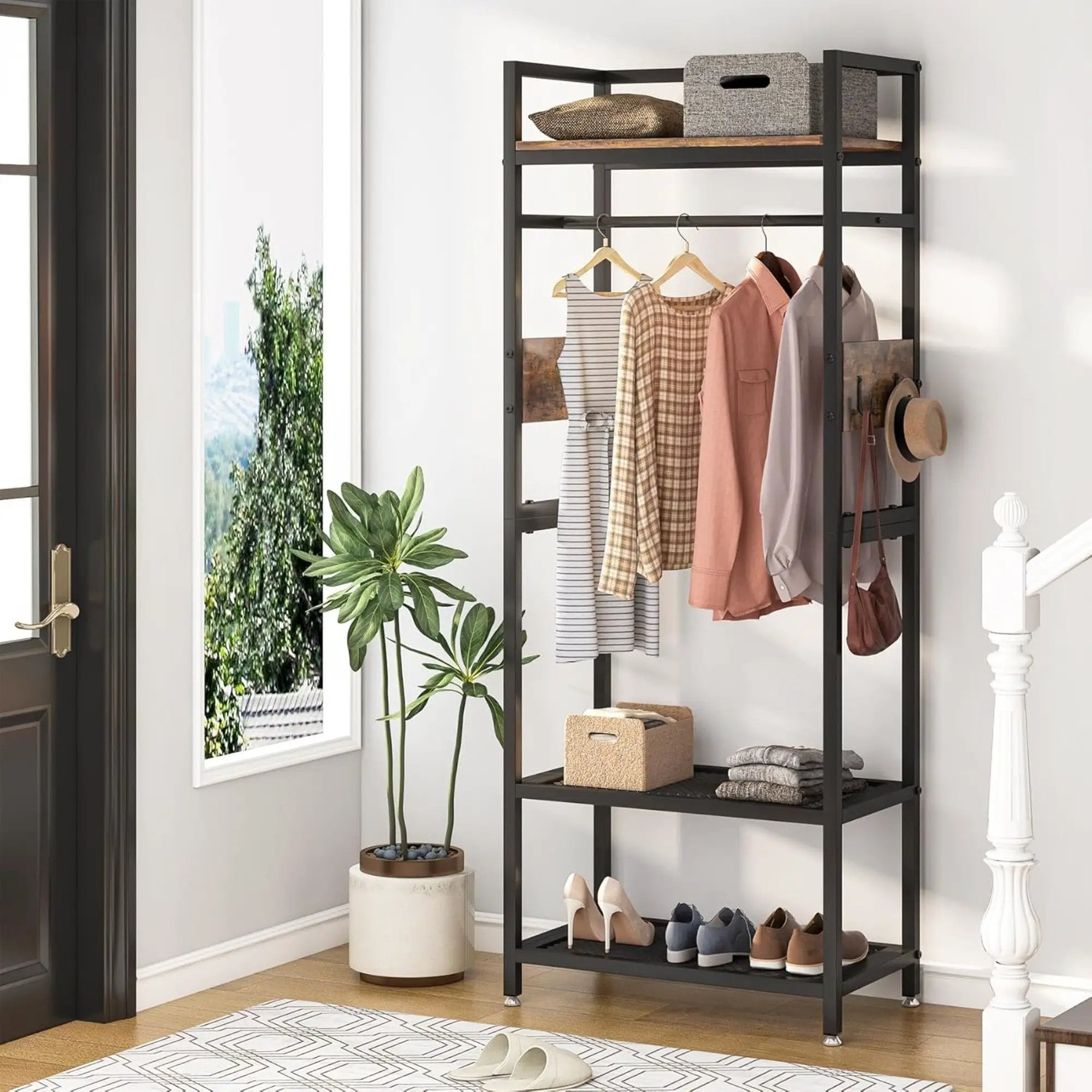 Rack With Hanging Rod, 4 Hooks, Heavy Duty Freestanding Closet Organizer - Brown / Black by HouseOfZazla