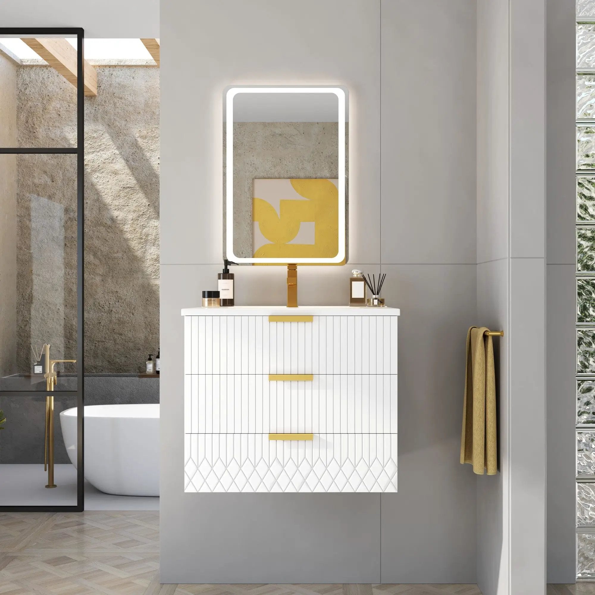 Wall Mounted Floating Cabinet With Double Drawer, Rectangular Sink by Unique Piece Furniture
