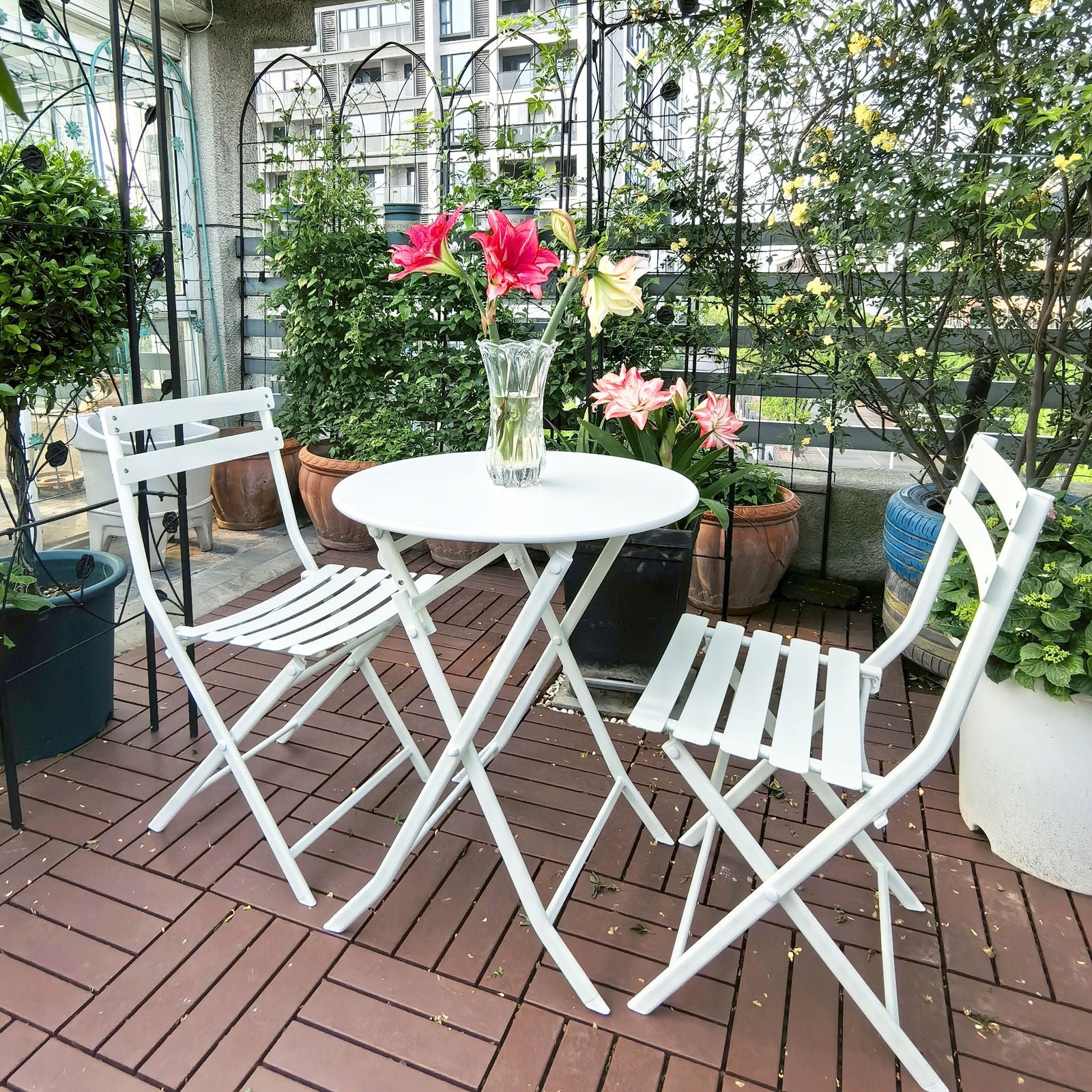 3 Piece Patio Bistro Set Of Foldable Round Table And Chairs by HouseOfZazla