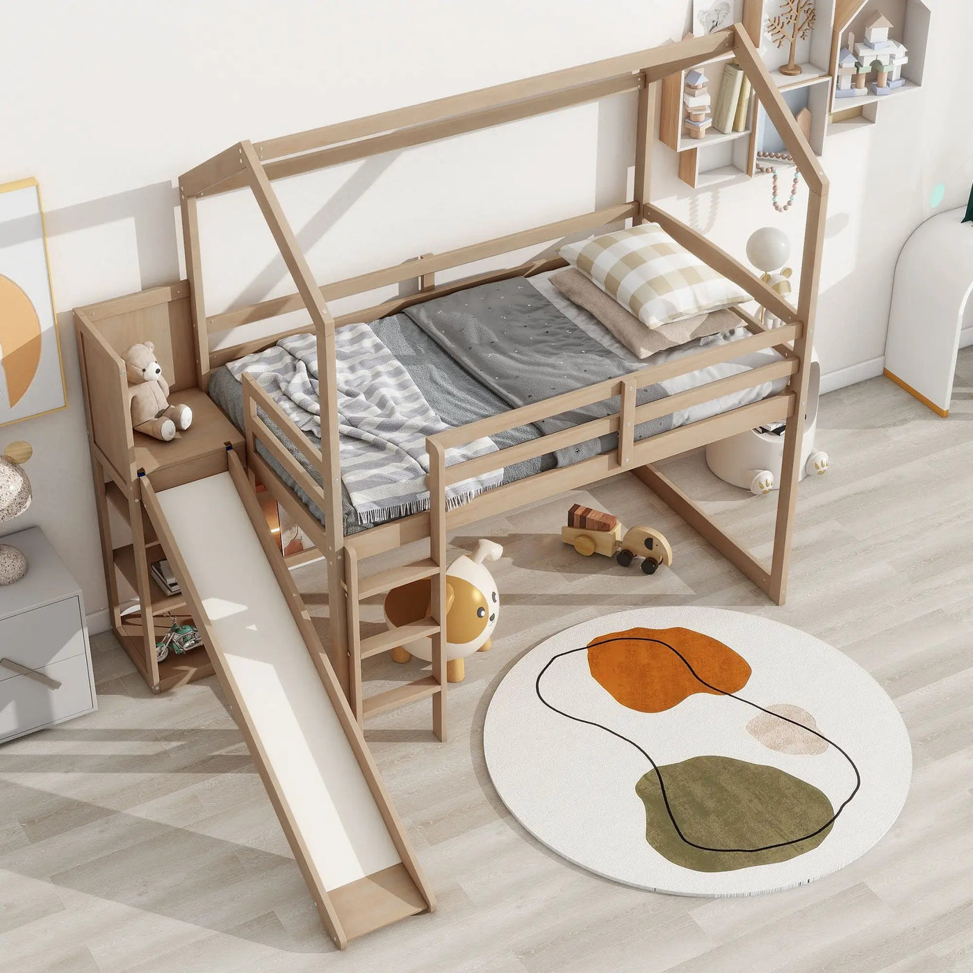 House Loft Bed With Slide, Storage Shelves And Light, Climbing Ramp by HouseOfZazla