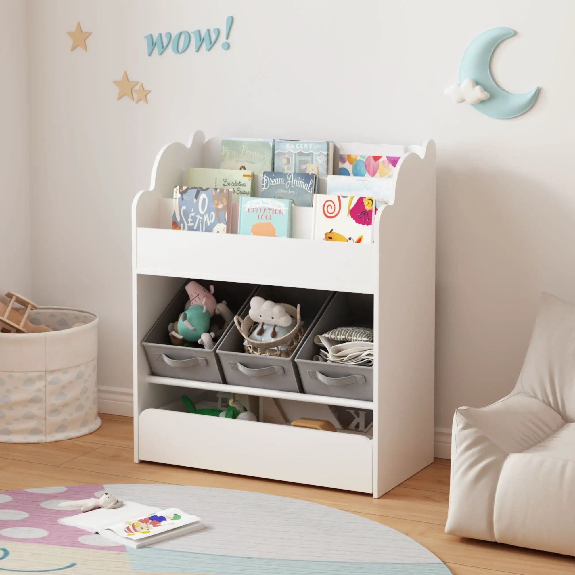 Bookshelf With Storage Bins And Drawer, Multi Functional Book Organizer For Toddlers - White by HouseOfZazla