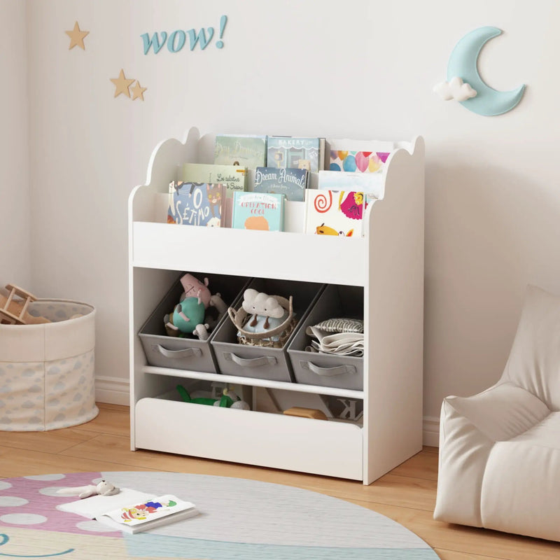 Bookshelf With Storage Bins And Drawer, Multi Functional Book Organizer For Toddlers - White by HouseOfZazla