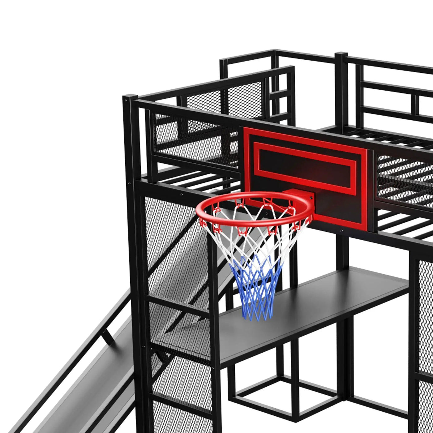 Loft Bed With Built In Desk, Open Wardrobe, Basketball Hoop, Slide And Staircase by HouseOfZazla