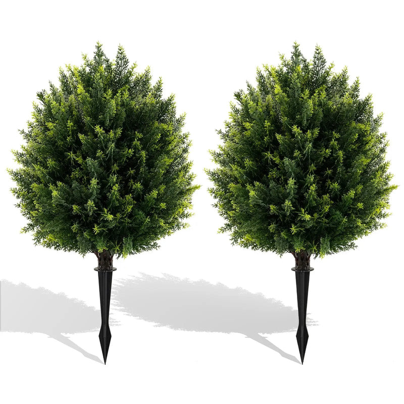 24 Inches Artificial Cypress Topiary Ball Tree Set with Ground Spike-Green by DirectDeals
