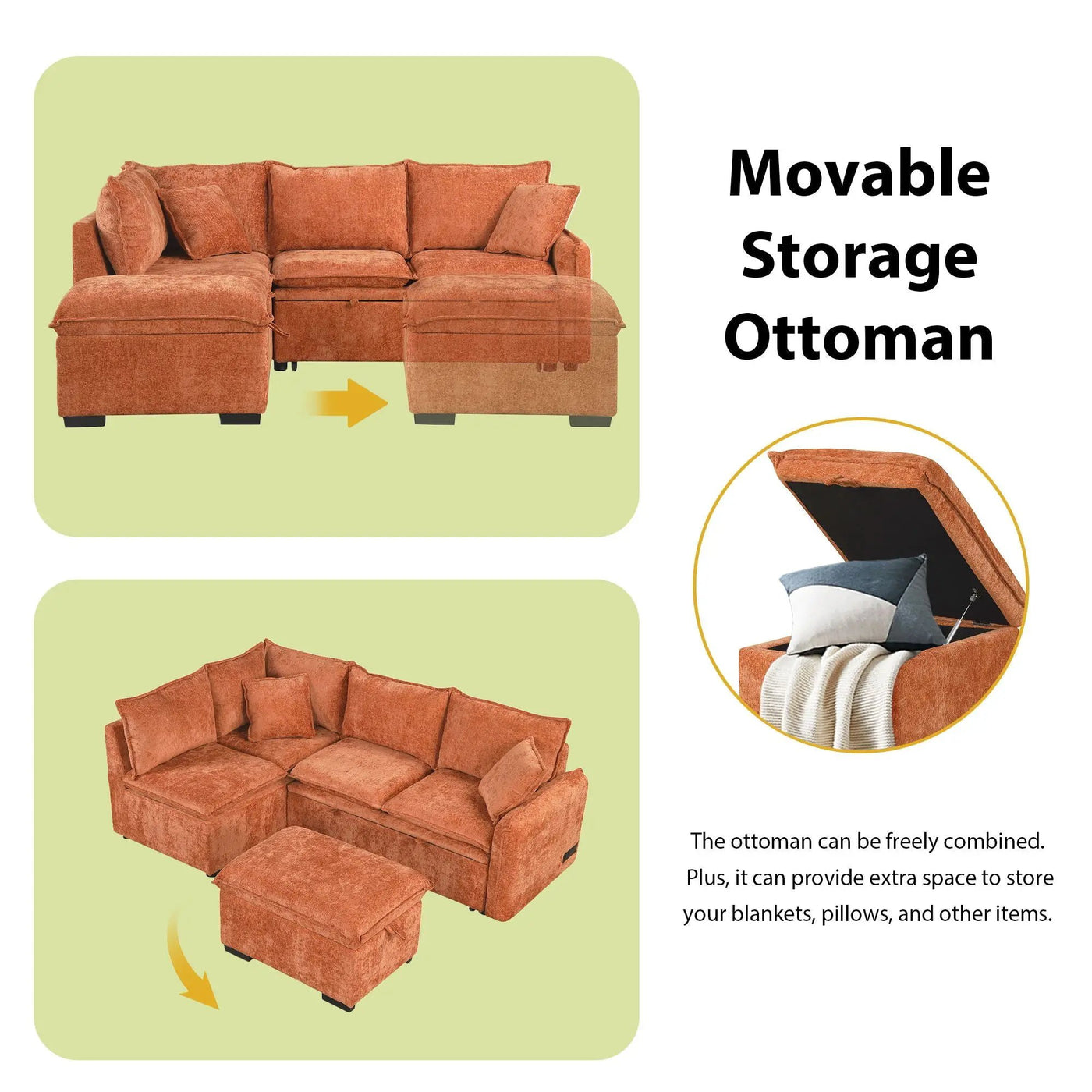 Convertible Sofa Bed Sectional Sofa Sleeper L-Shaped Sofa With A Storage Ottoman, Two Pillows, Two Power Sockets And Two USB Ports For Living Room by Unique Piece Furniture
