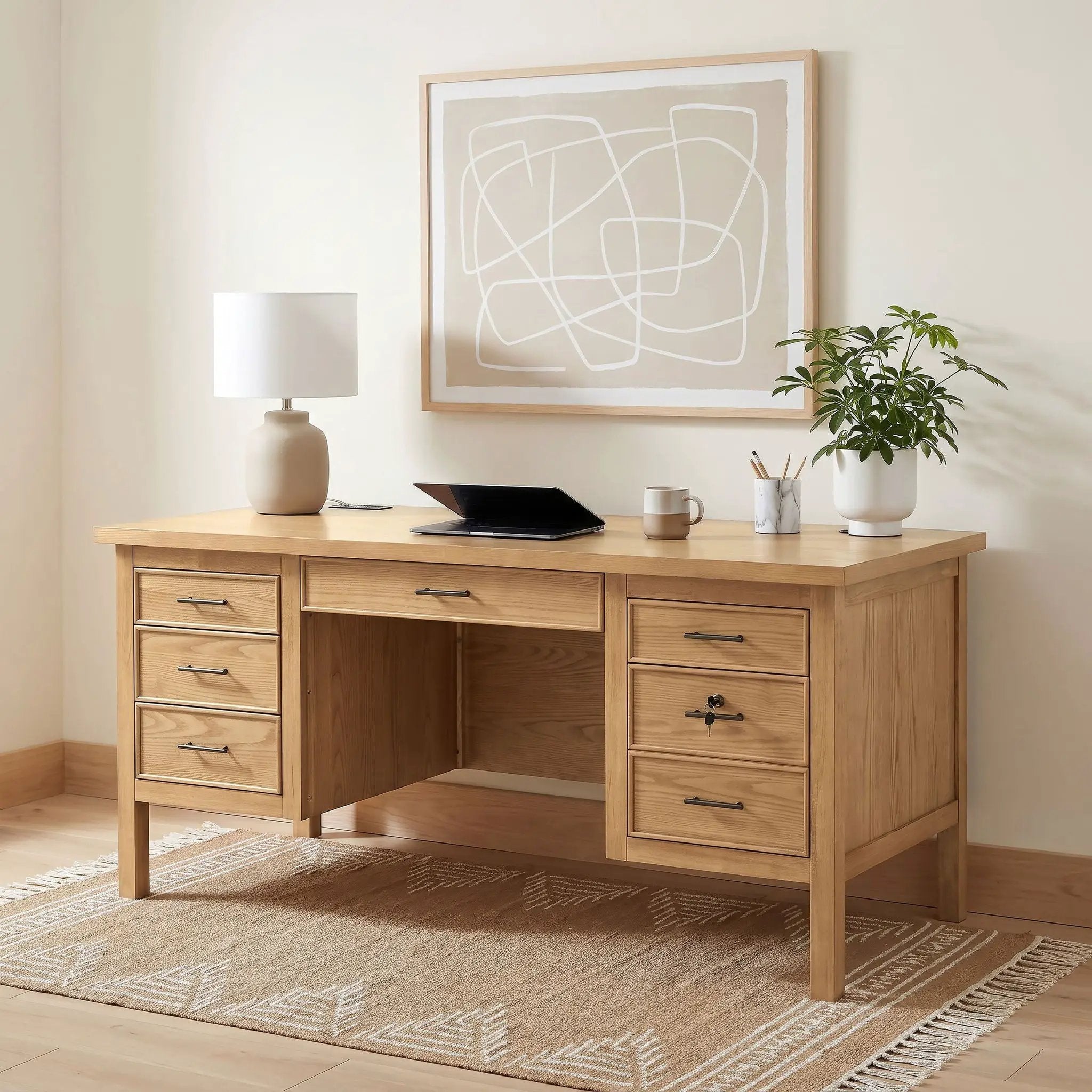 Vermes 66-inch 7-drawer Computer Desk with Power Outlet Light Ash by Unique Piece Furniture