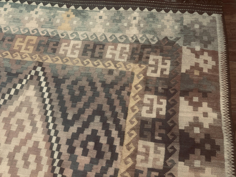 Antique Persian Tribal Kilim Rug 9x12, Zig Zag Pattern Kilim, Zarand Rug, Wool, Earth Tone Colors by Jewel Rugs