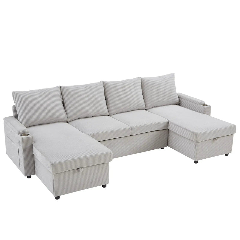 U Shaped Sectional Sofa Bed With Storage Chaise Lounges, USB Ports, And Cup Holders by Unique Piece Furniture