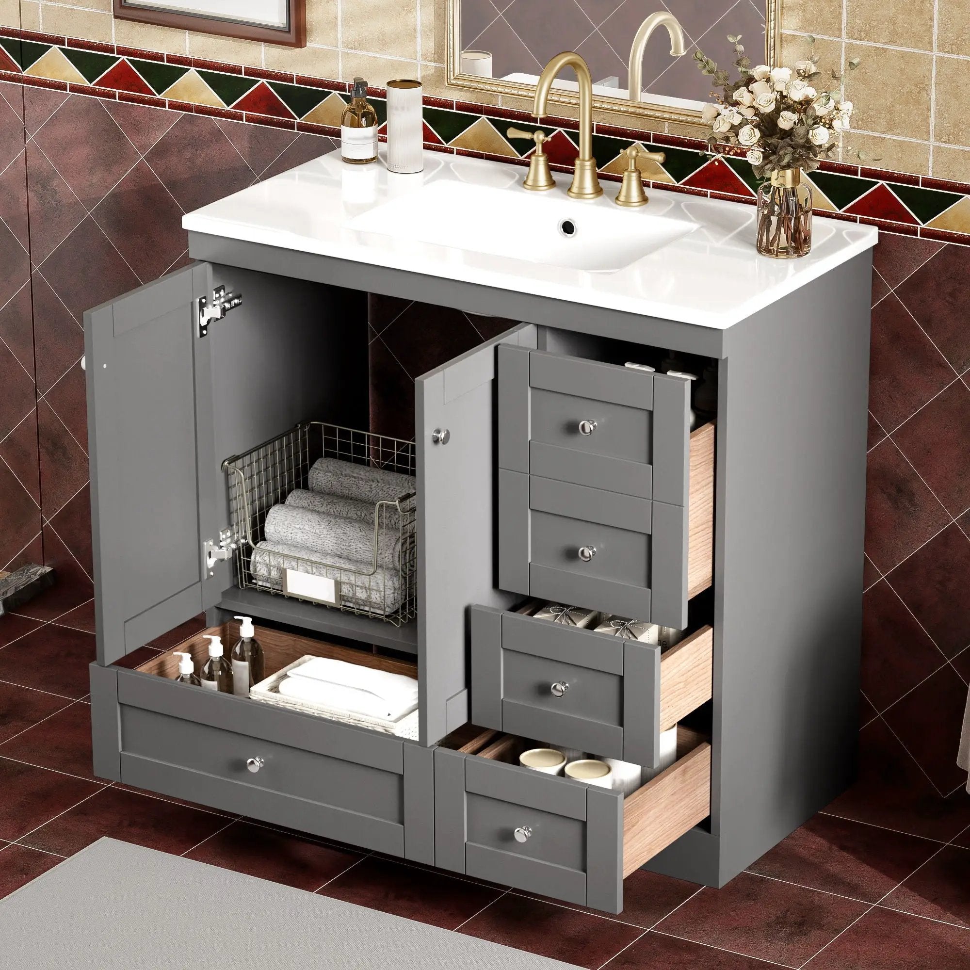Shaker Free Standing Bathroom Vanity Cabinet & Sink, Soft Close Drawers, Soft Close Doors by HouseOfZazla