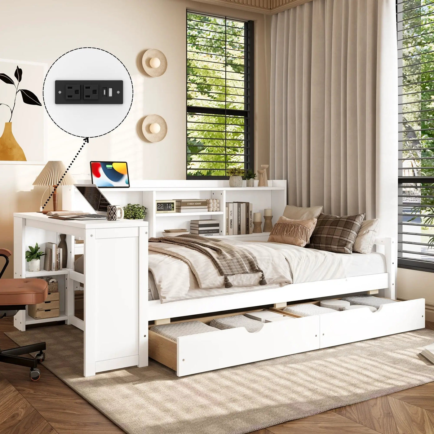 Corner Daybed With Storage Drawers, Desk, Charging Port & Bookcase by HouseOfZazla