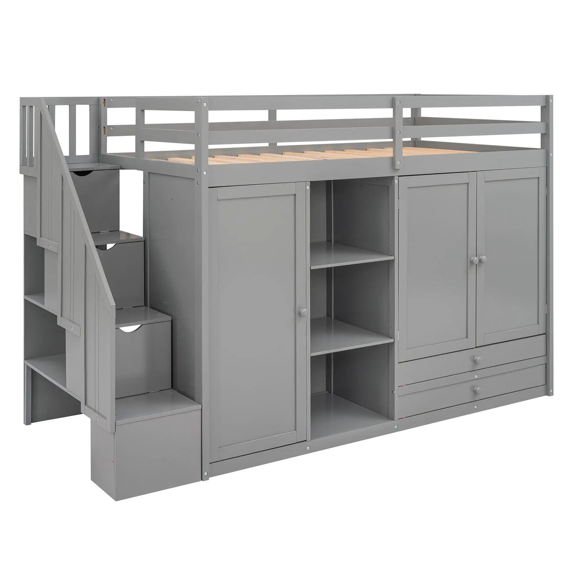 Loft Bed With 3 Shelves, 2 Wardrobes, 2 Drawers, Ladder Storage by HouseOfZazla