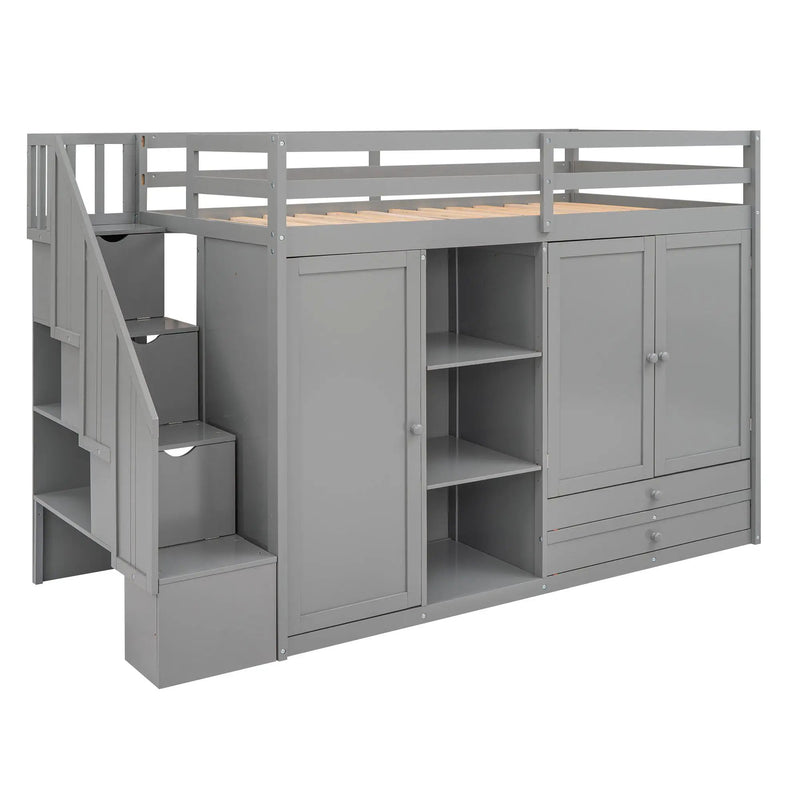 Loft Bed With 3 Shelves, 2 Wardrobes, 2 Drawers, Ladder Storage by HouseOfZazla