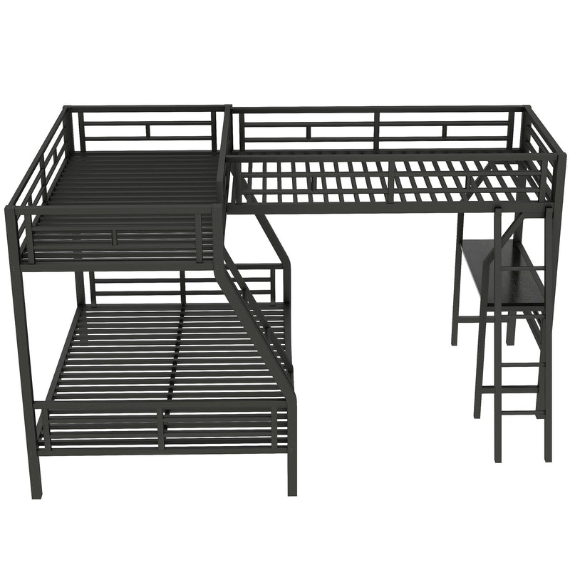 Twin Over Full Bunk Bed with Loft and Desk - L-Shaped Design for 3 Sleepers - Black