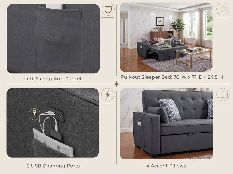 William - Sleeper Sofa With 2 USB Charging Ports And 4 Accent Pillows - Gray, photo 2 of 7
