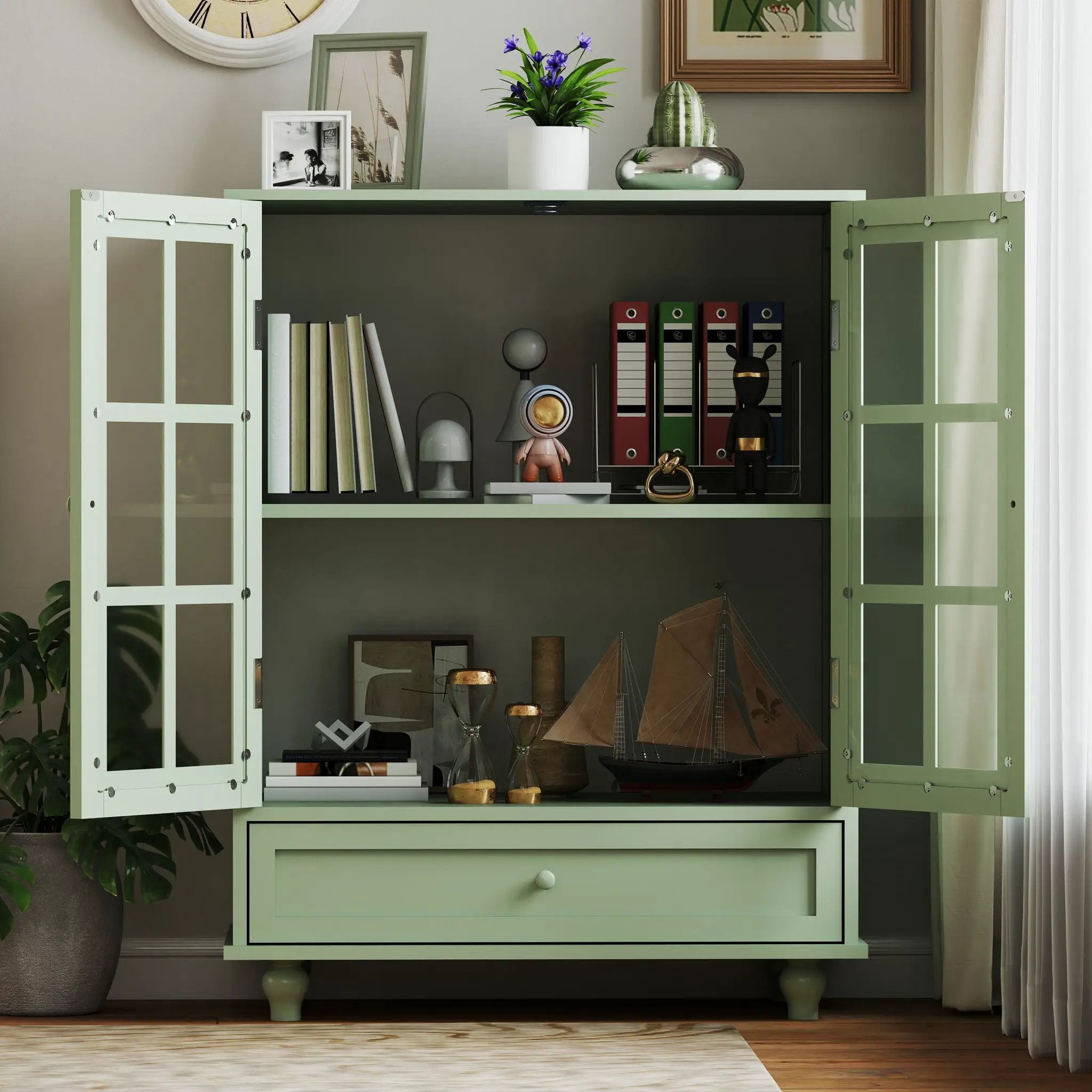 Minimalist Buffet Cabinet With Double Glass Doors And Drawer