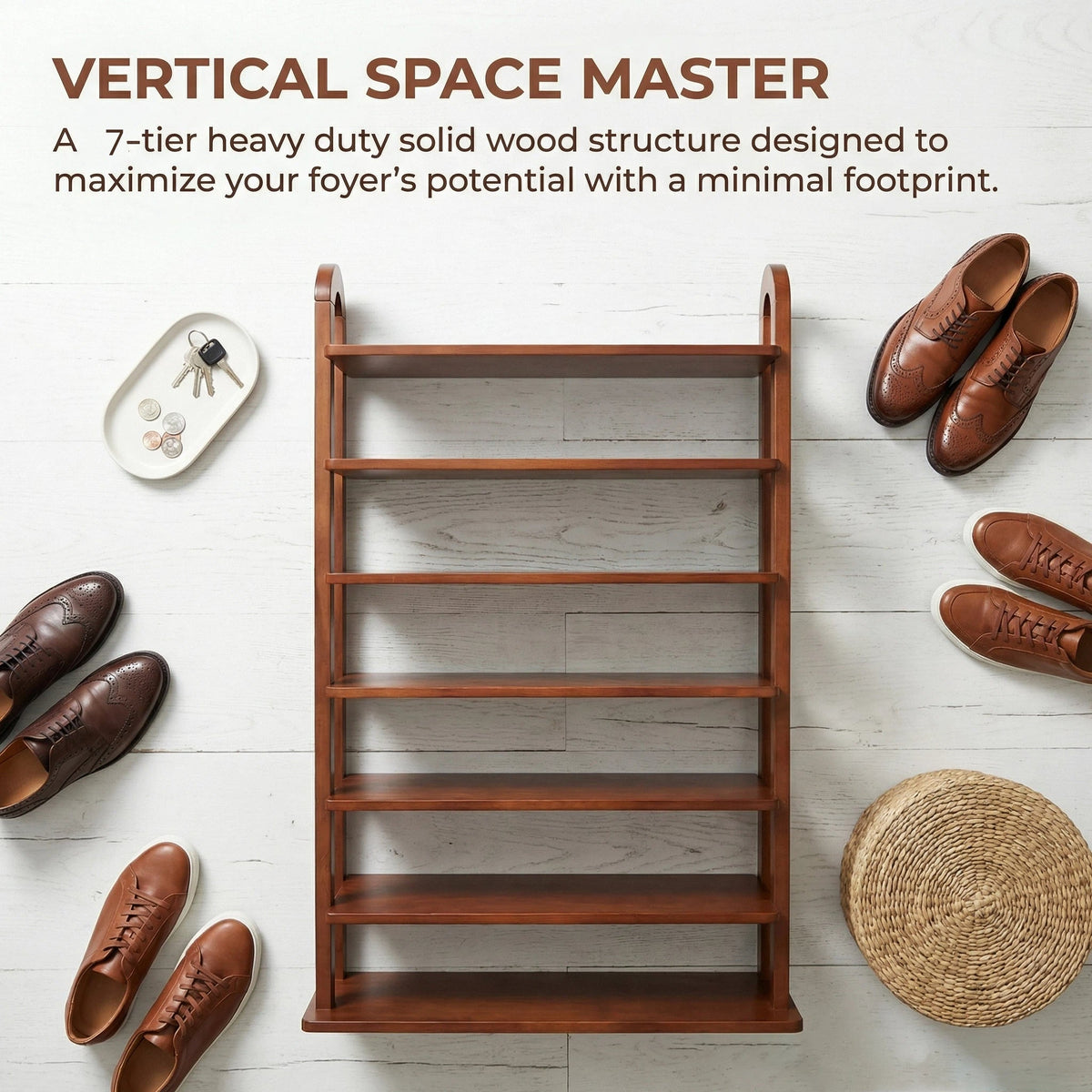 Solid Wood 7-Tier Shoe Rack with Vertical Organizer - Natural Wood, photo 7 of 7