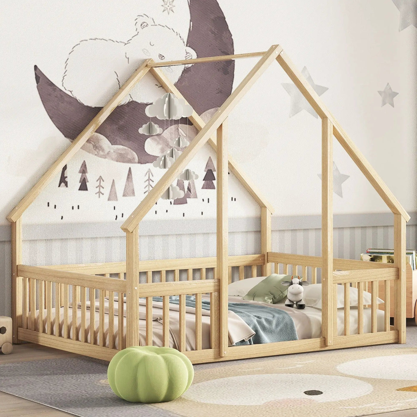Wood House-Shaped Floor Bed With Fence, Guardrails by HouseOfZazla