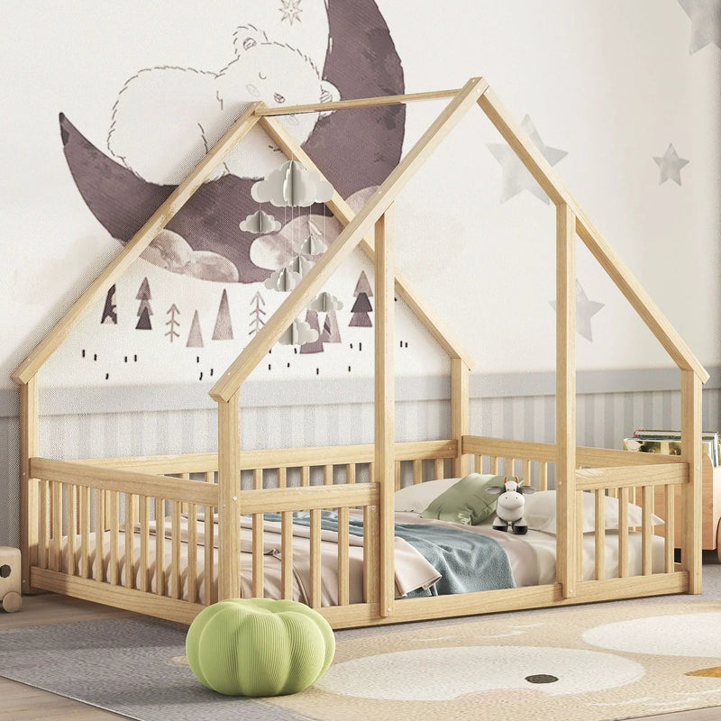 Wood House-Shaped Floor Bed With Fence, Guardrails by HouseOfZazla