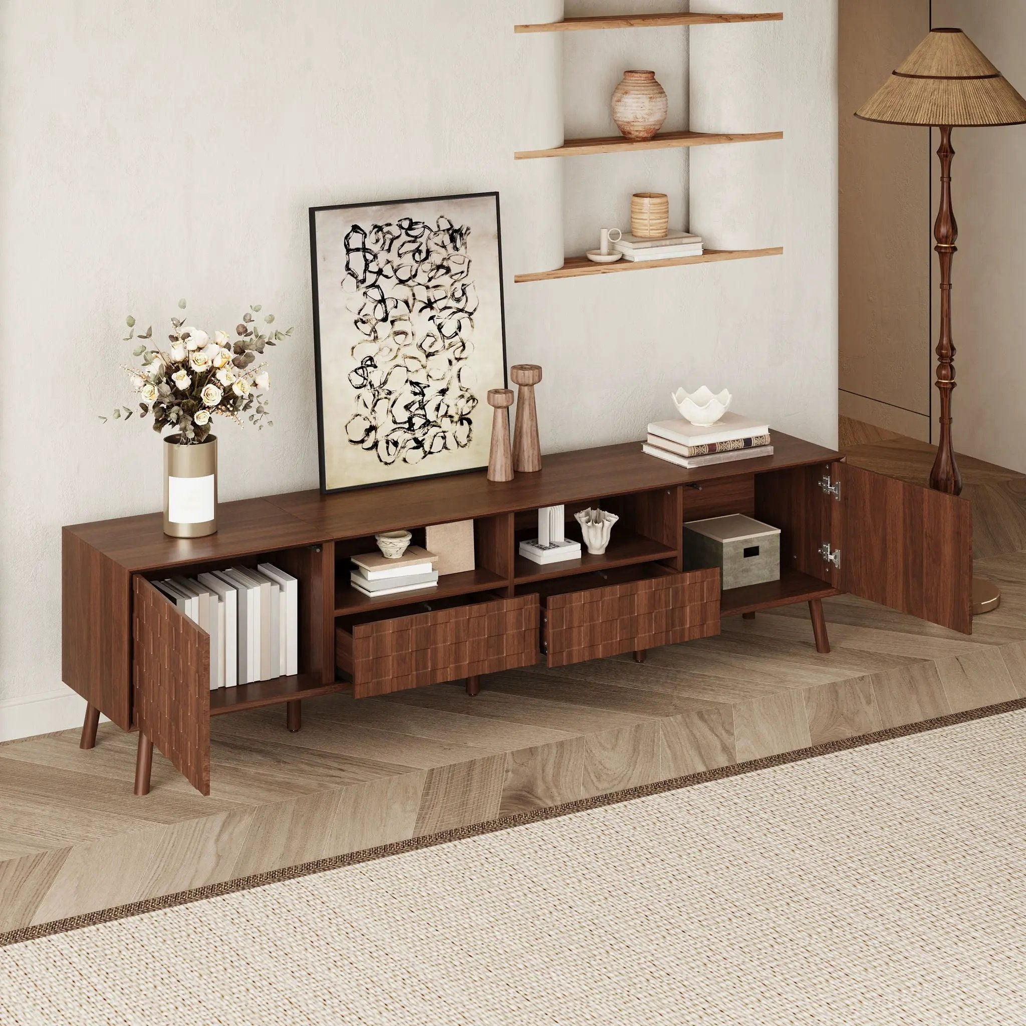 TV Stand With Drawers And Cable Management - Walnut