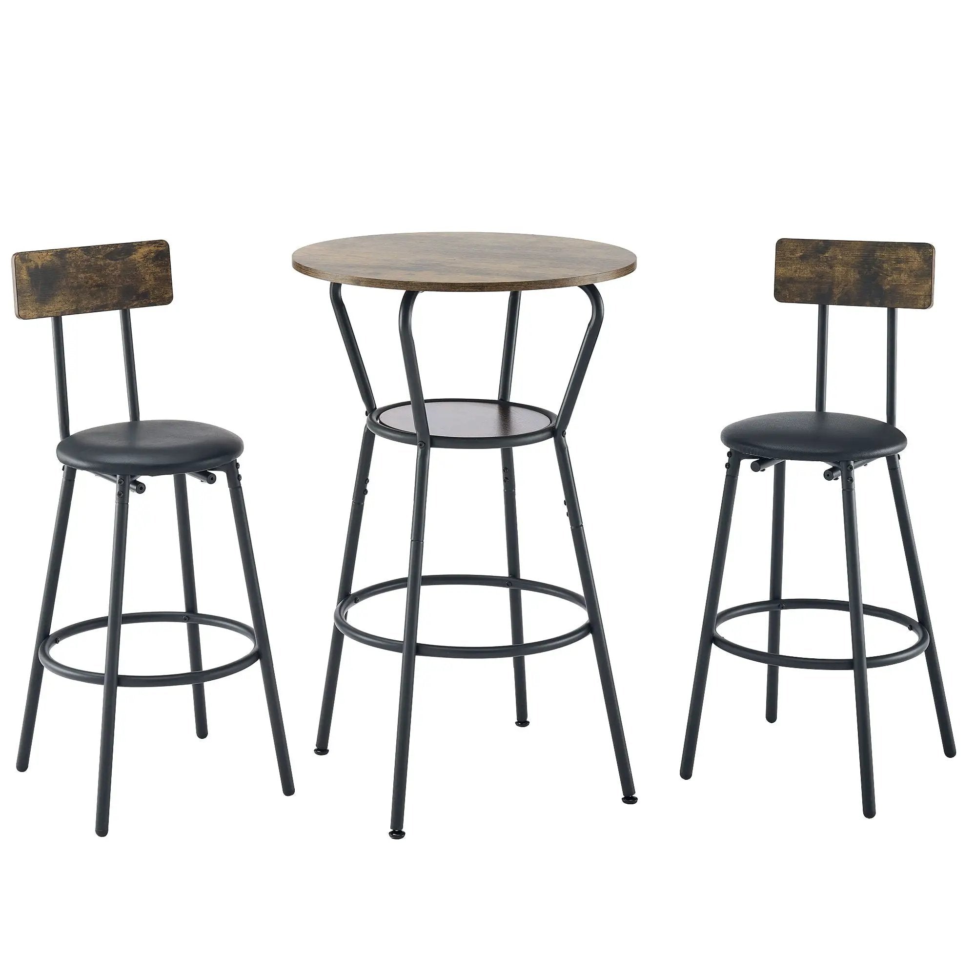 Rustic Brown Round Bar Table And Stool Set With Shelf, Upholstered Stool With Backrest - Antique Brown by Unique Piece Furniture