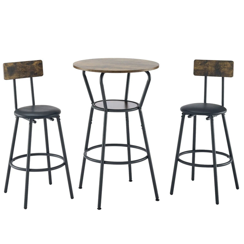 Rustic Brown Round Bar Table And Stool Set With Shelf, Upholstered Stool With Backrest - Antique Brown by Unique Piece Furniture