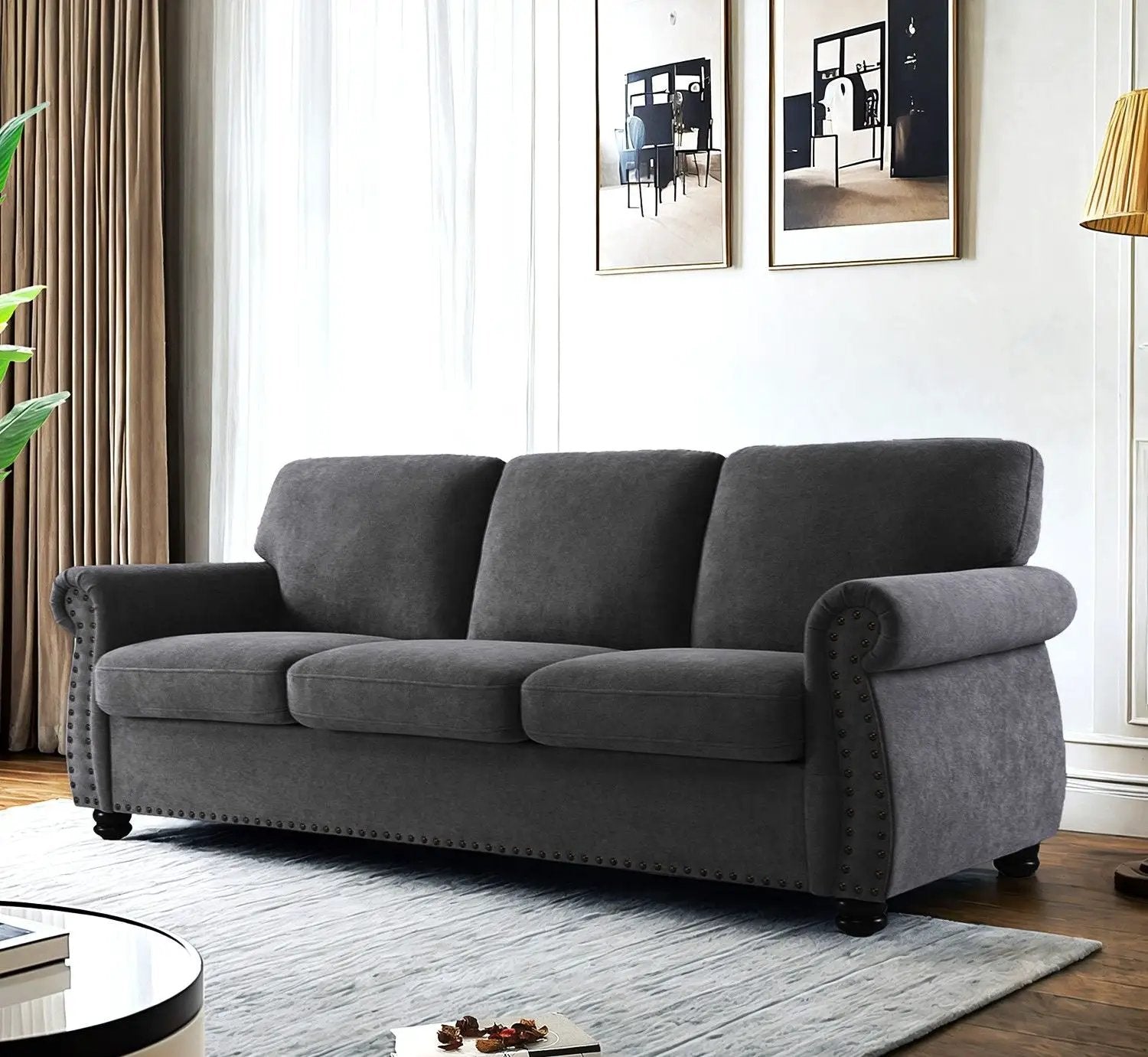 Soft Sofa, Upholstered 3 Seater Couch With High Density Foam, Loose Back Cushions And Turned Legs by HouseOfZazla