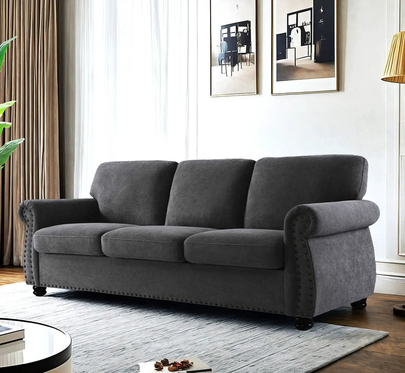 Soft Sofa, Upholstered 3 Seater Couch With High Density Foam, Loose Back Cushions And Turned Legs by HouseOfZazla