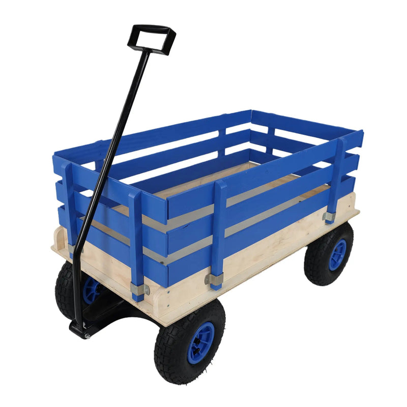 Blue Wooden Kids Pull Wagon with Removable Side Rails & All Terrain Wheels by HouseOfZazla
