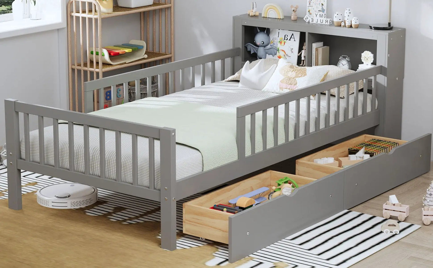 Bed With Headboard Storage Rack, 2 Under Bed Drawers, 3 Side Guardrails For Safety by HouseOfZazla