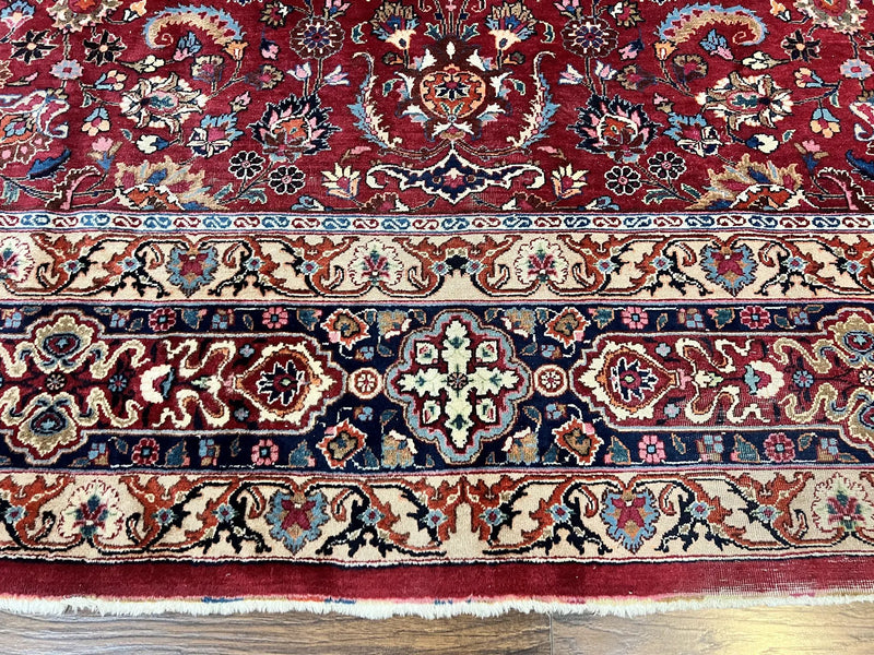 Signed Persian Mashad Rug 8x10, Wool Oriental Carpet, Semi Antique Rug, Hand Knotted, Traditional, Red, Floral Allover, by Jewel Rugs