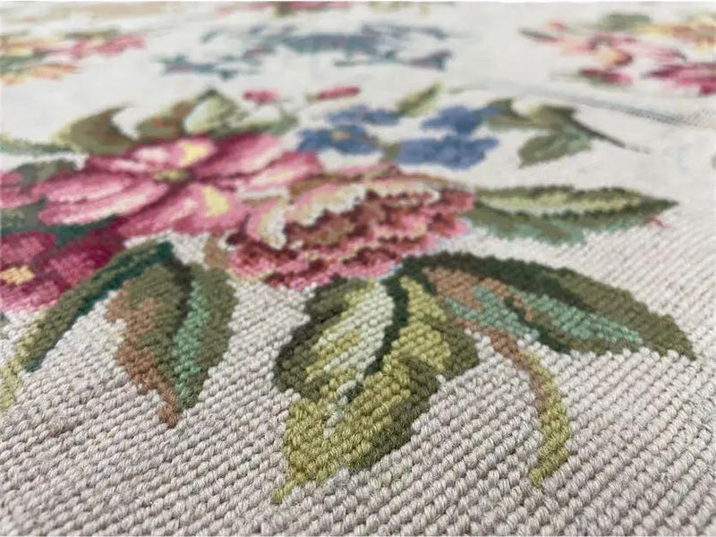Hand-Knotted Needlepoint Carpet 6x9, Ivory/Cream Background, Colorful Flowers, Yellow Border, Aubusson Rug 6 x 9, New, Handmade by Jewel Rugs