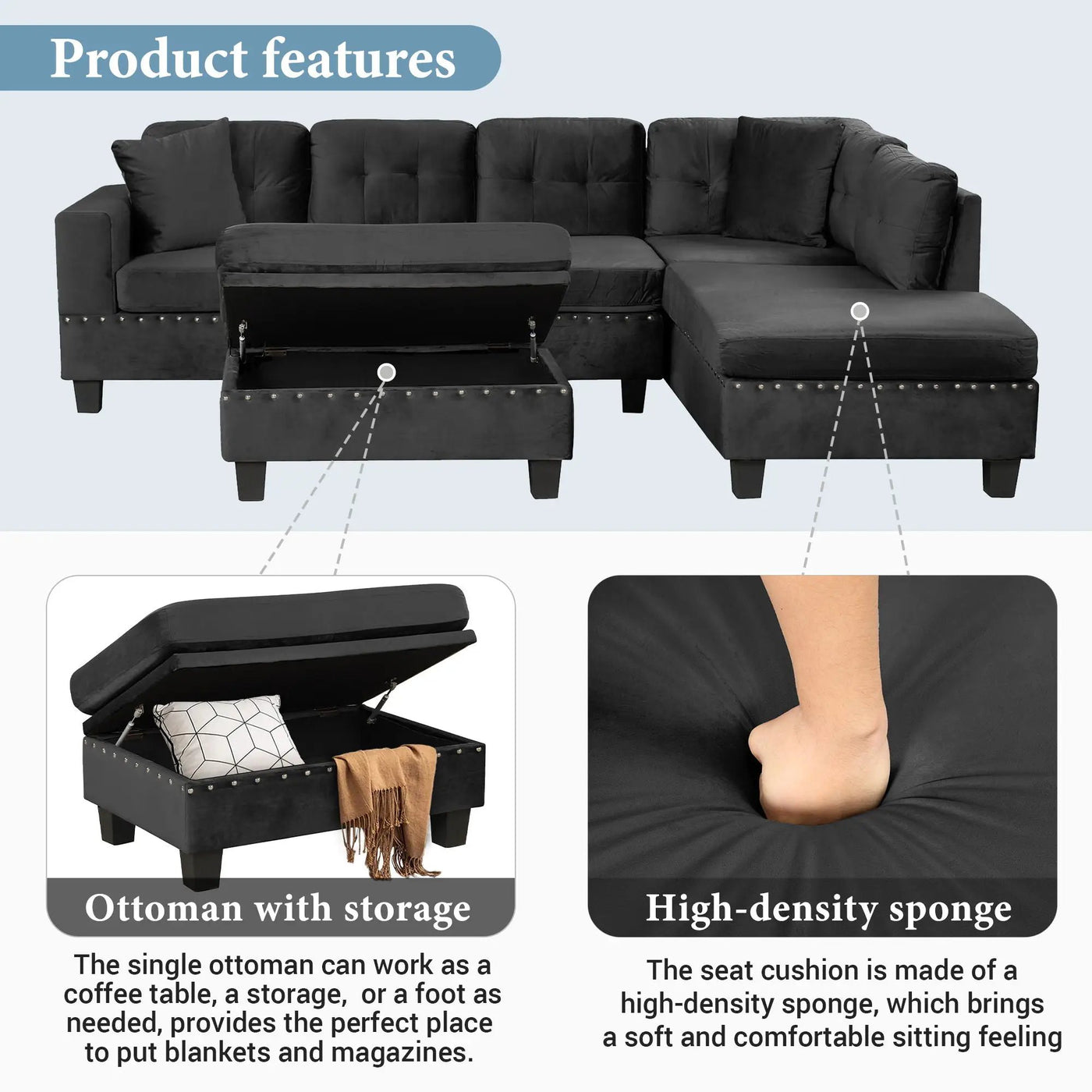 Modern Sectional Sofa With Storage Ottoman, L - Shape Couch With 2 Pillows And Cup Holders by HouseOfZazla