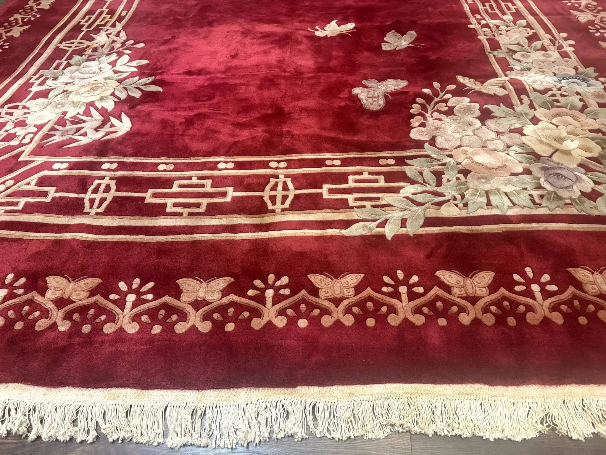 Palace Size Chinese Wool Rug 12x18, Red Art Deco Chinese Carving Carpet, Butterflies Flowers by Jewel Rugs