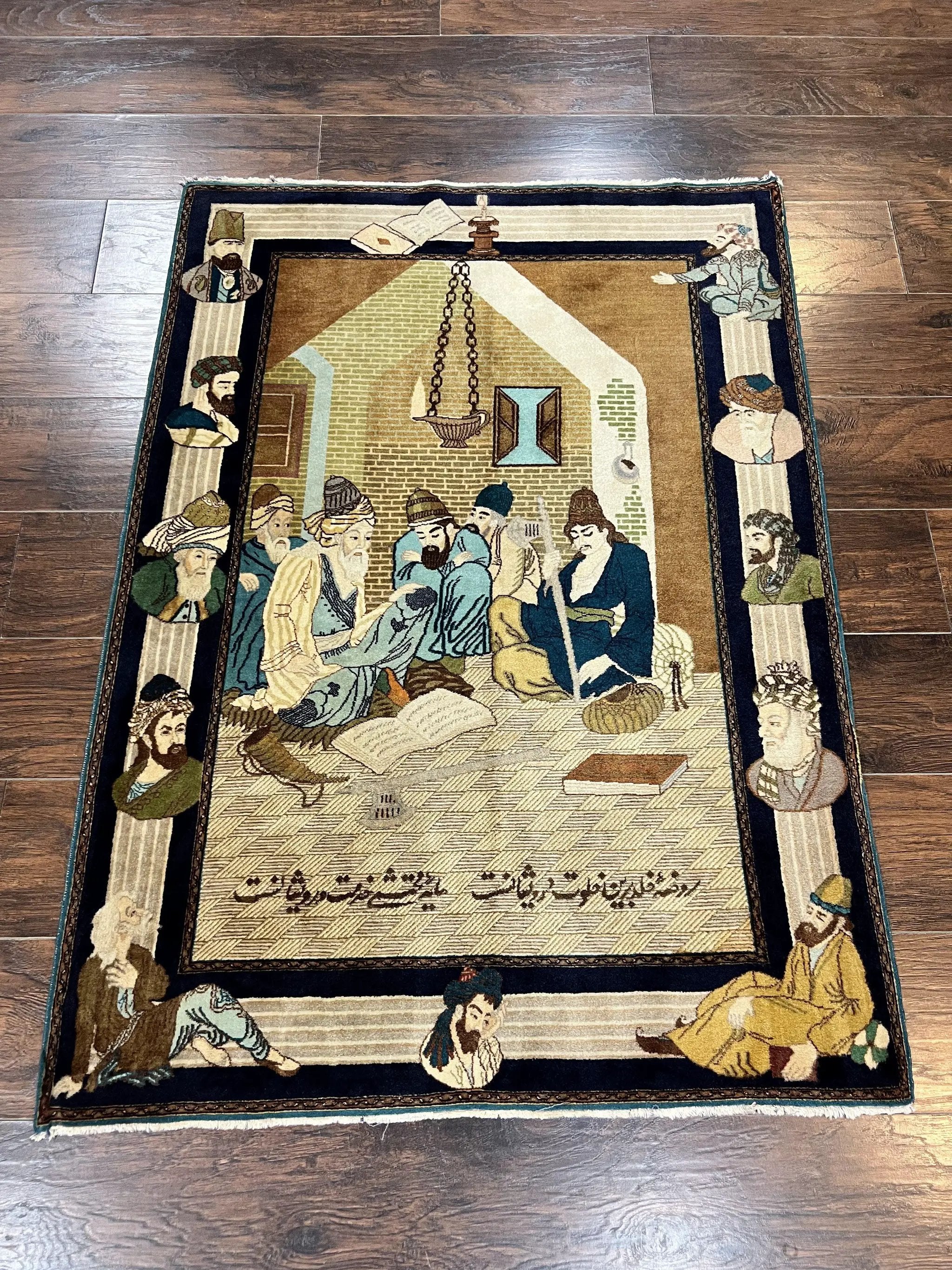 Persian Tabriz Pictorial Rug 3x5, Wall Hanging Carpet, Very Fine 60 Raj 475 KPSI, Hand Knotted Vintage Semi Antique, Wool, Persian Poetry by Jewel Rugs