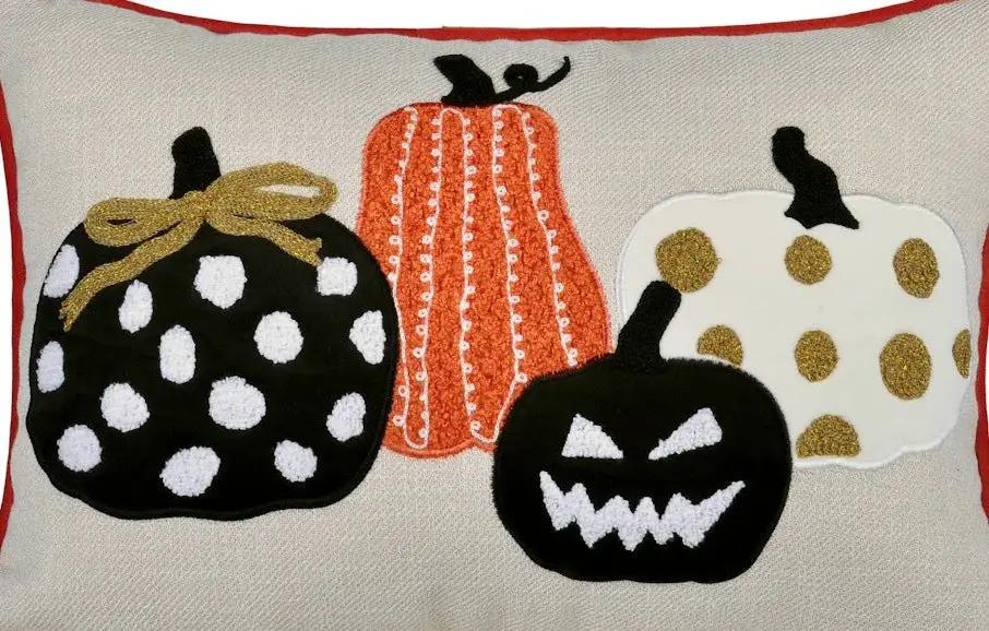 Embroidered Halloween Pumpkin Pillow – Spooky Polka Dot Linen Throw Accent by HouseOfZazla
