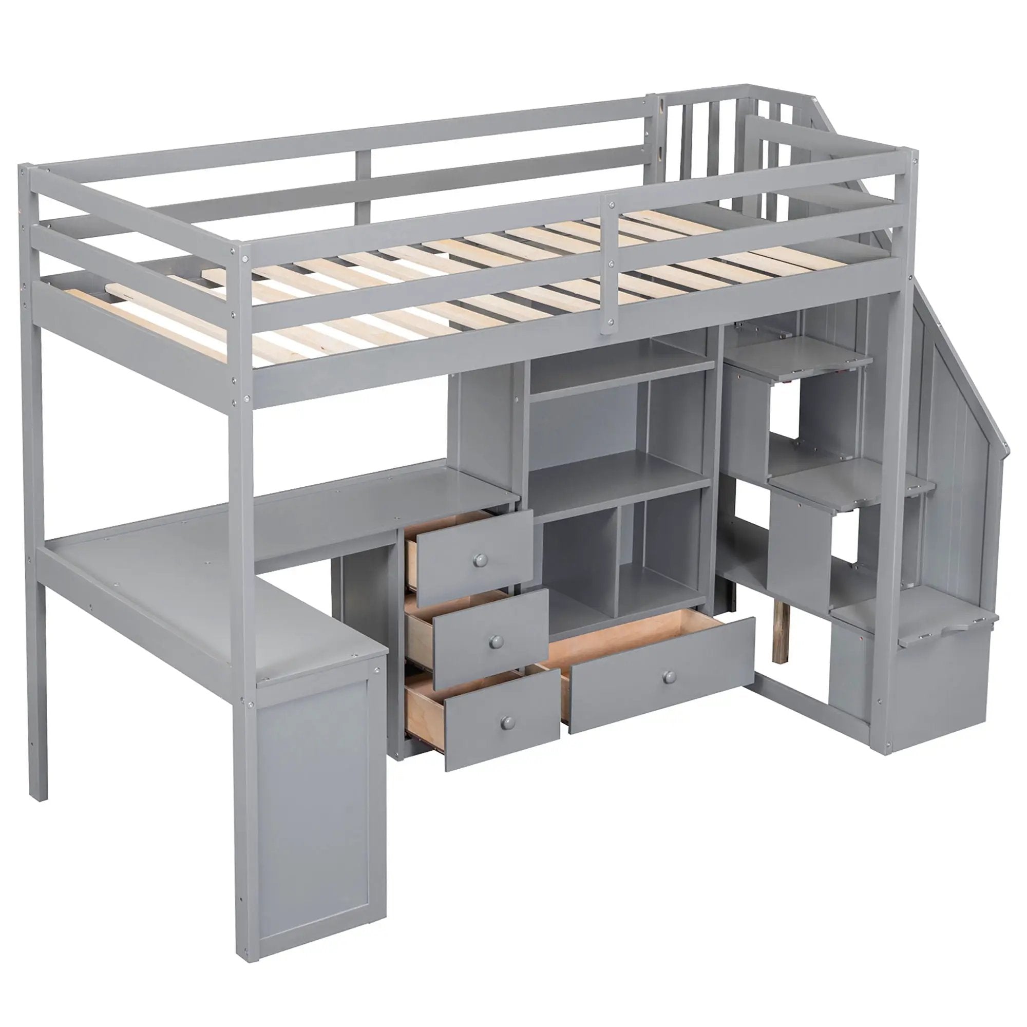Loft Bed With L Shaped Desk, Drawers, Cabinet, And Storage Staircase by Unique Piece Furniture
