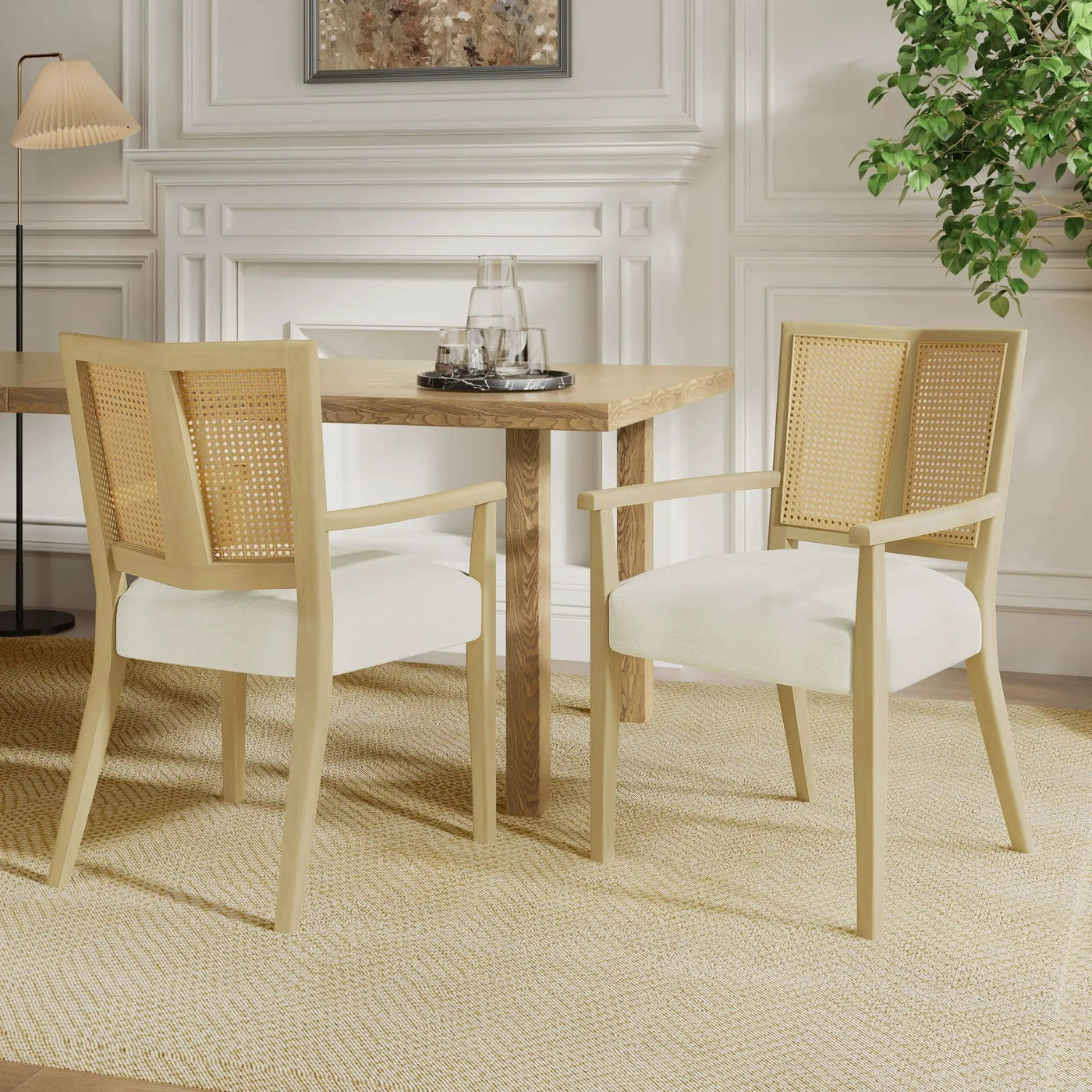 Mid Century Modern Arm Dining Chairs With Rattan Backrest by HouseOfZazla