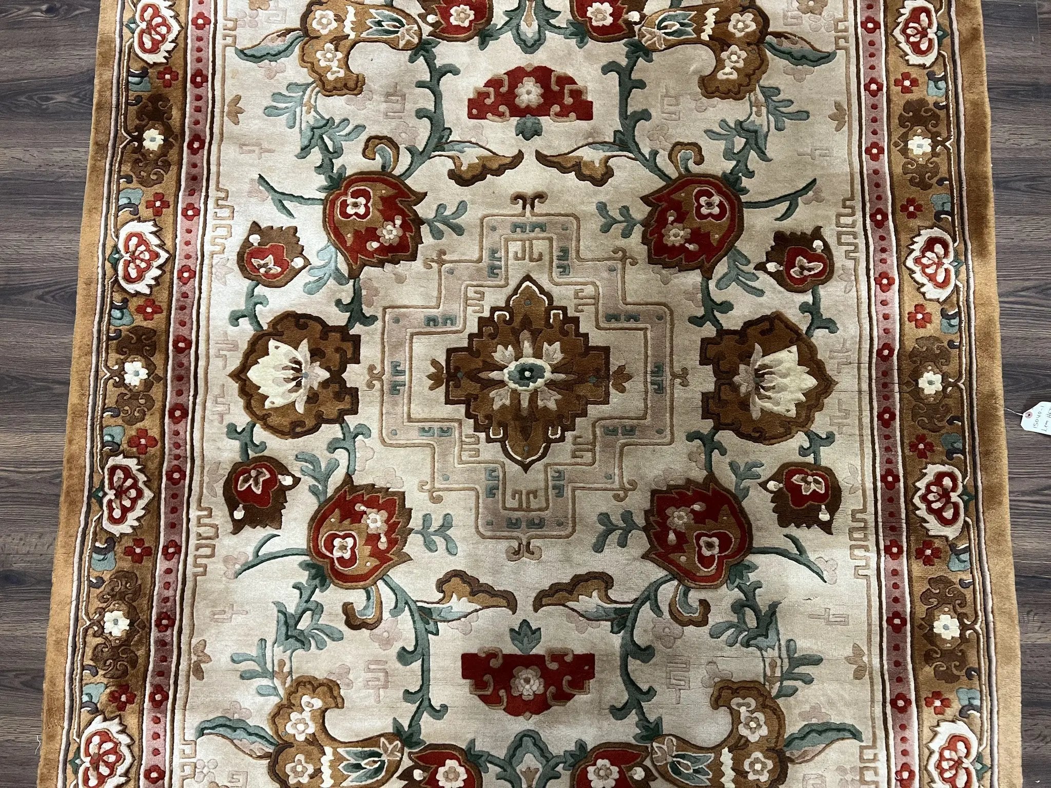 Chinese Wool Rug 5.9 x 9, Tan and Brown Asian Art Deco Carpet, Vintage 1960s Oriental Rug, Hand-Knotted Rug, Soft Wool, Medallion, Pair B by Jewel Rugs