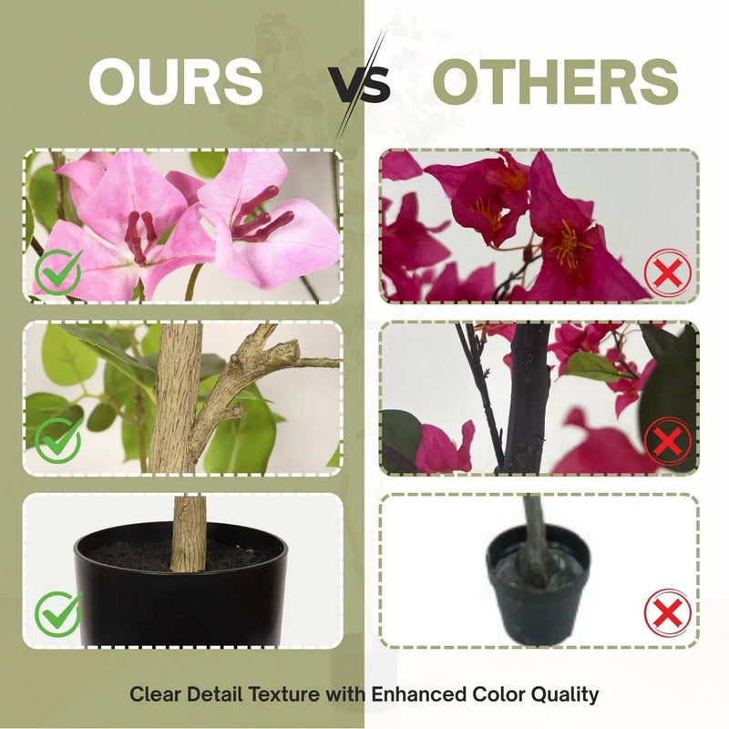 Artificial Bougainvillea Tree With Pot, Realistic Faux Flowering Plant Leaves And Blooms, Decor For Home Office - Green Leaves / Pink by Unique Piece Furniture